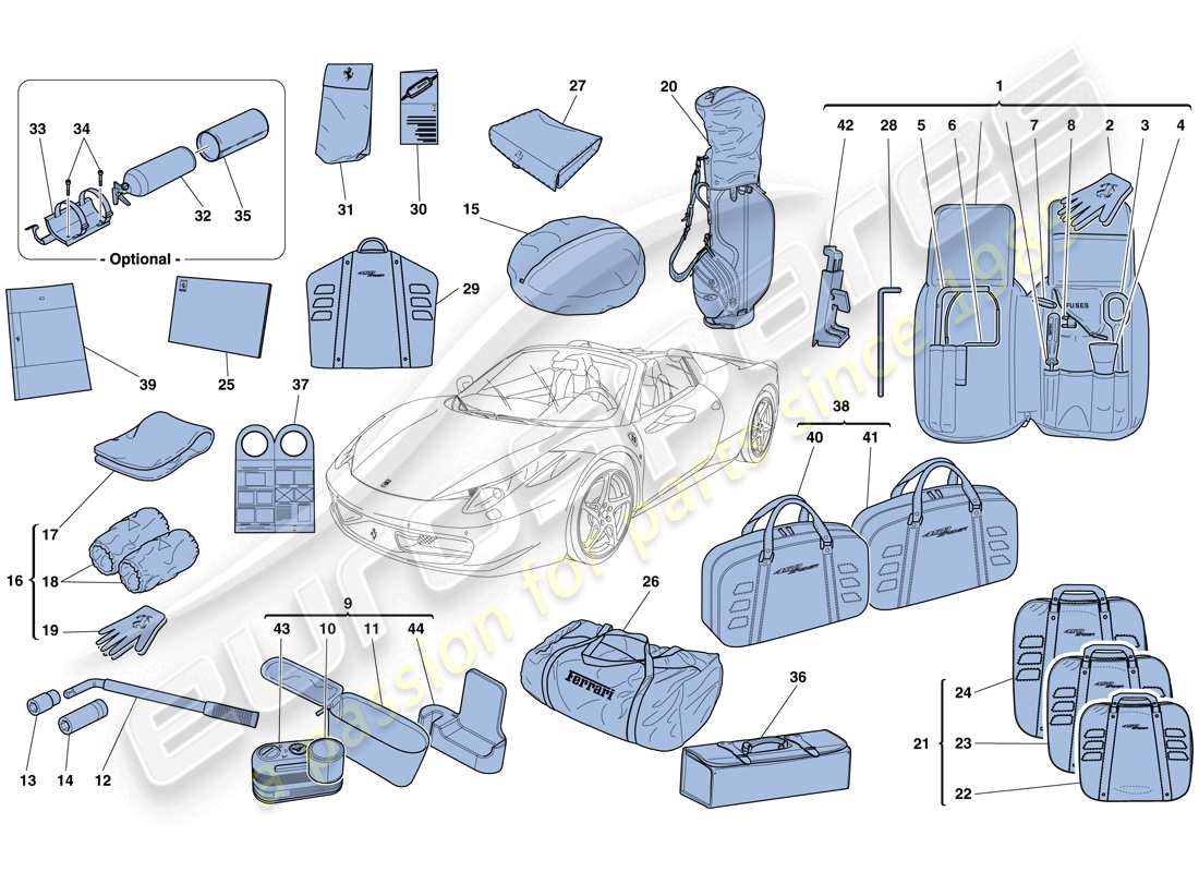 ferrari 458 spider (rhd) mit dem fahrzeug lieferumfang enthaltene werkzeuge und zubehör teilediagramm
