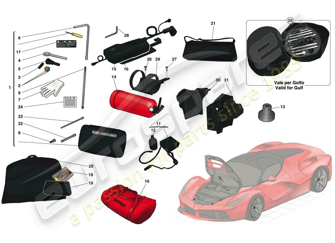 ferrari laferrari (europe) vorderes fach und mit dem fahrzeug lieferbares werkzeug teilediagramm