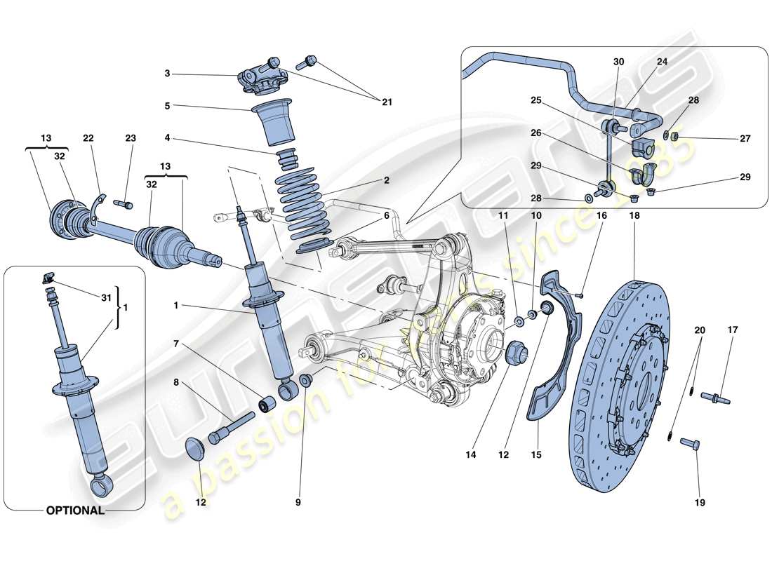 ferrari california t (europe) hinterradaufhängung - teilediagramm stoßdämpfer und bremsscheibe