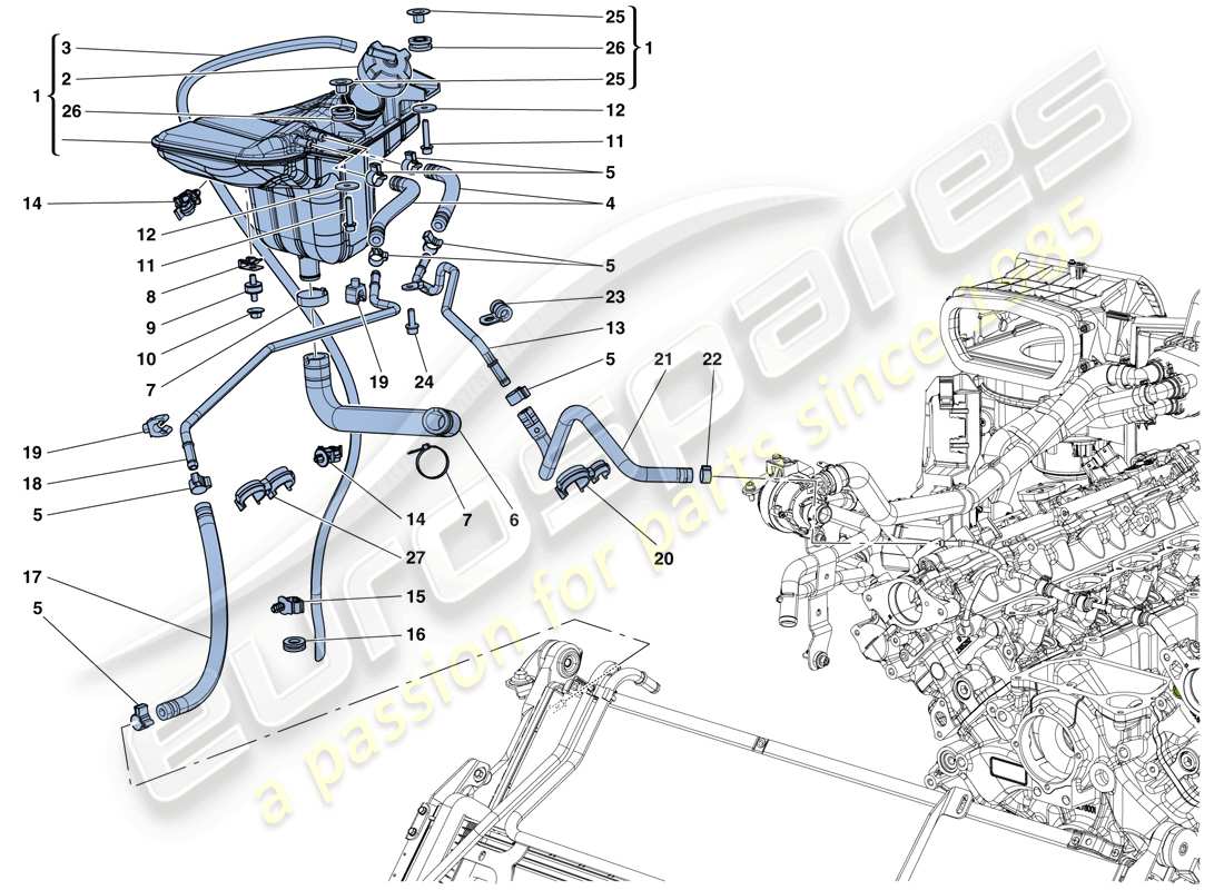 ferrari california t (rhd) kühlung: sammelbehälter und rohre teilediagramm