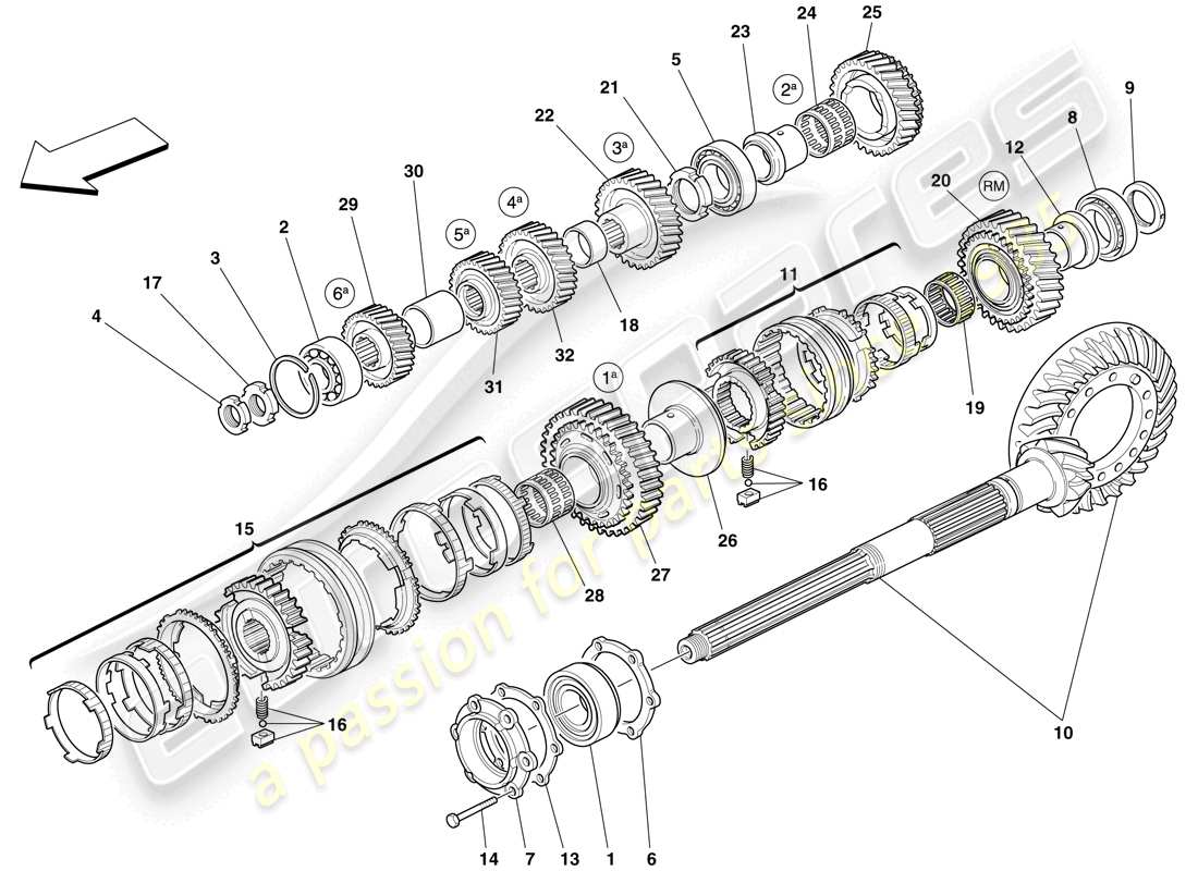ferrari 599 gtb fiorano (rhd) sekundärgetriebewellenzahnräder teilediagramm