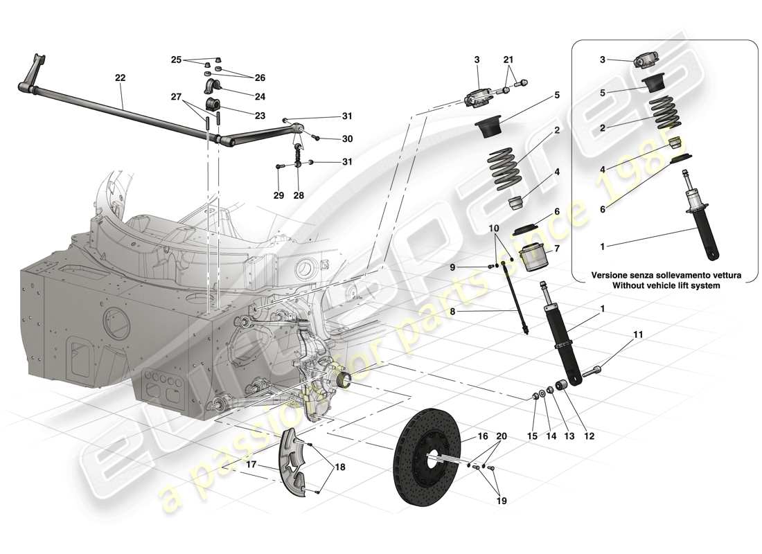 ferrari laferrari (usa) vorderradaufhängung - teilediagramm stoßdämpfer und bremsscheibe