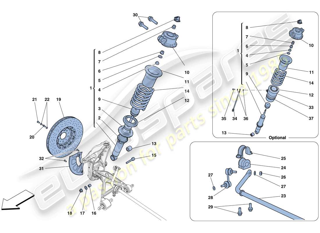 ferrari 458 spider (europe) vorderradaufhängung - teilediagramm stoßdämpfer und bremsscheibe