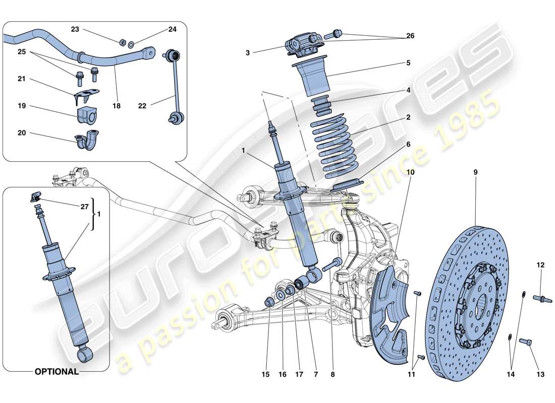 ferrari california t (europe) vorderradaufhängung - teilediagramm stoßdämpfer und bremsscheibe