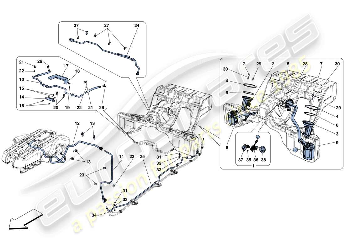 ferrari gtc4 lusso (rhd) kraftstoffsystempumpen und rohre teilediagramm