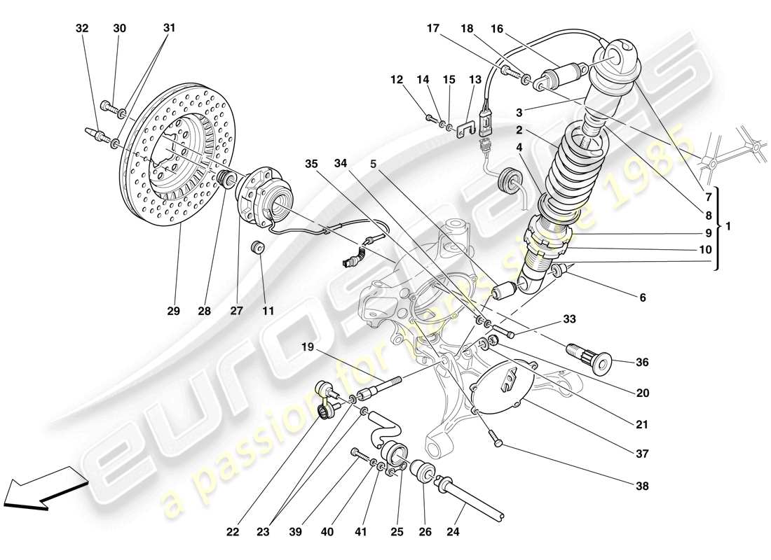 ferrari f430 spider (usa) vorderradaufhängung - teilediagramm stoßdämpfer und bremsscheibe