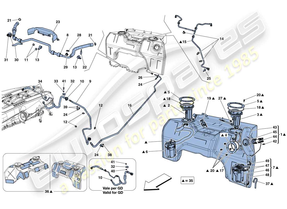 ferrari 812 superfast (usa) kraftstofftank, kraftstoffsystempumpen und leitungen ersatzteildiagramm