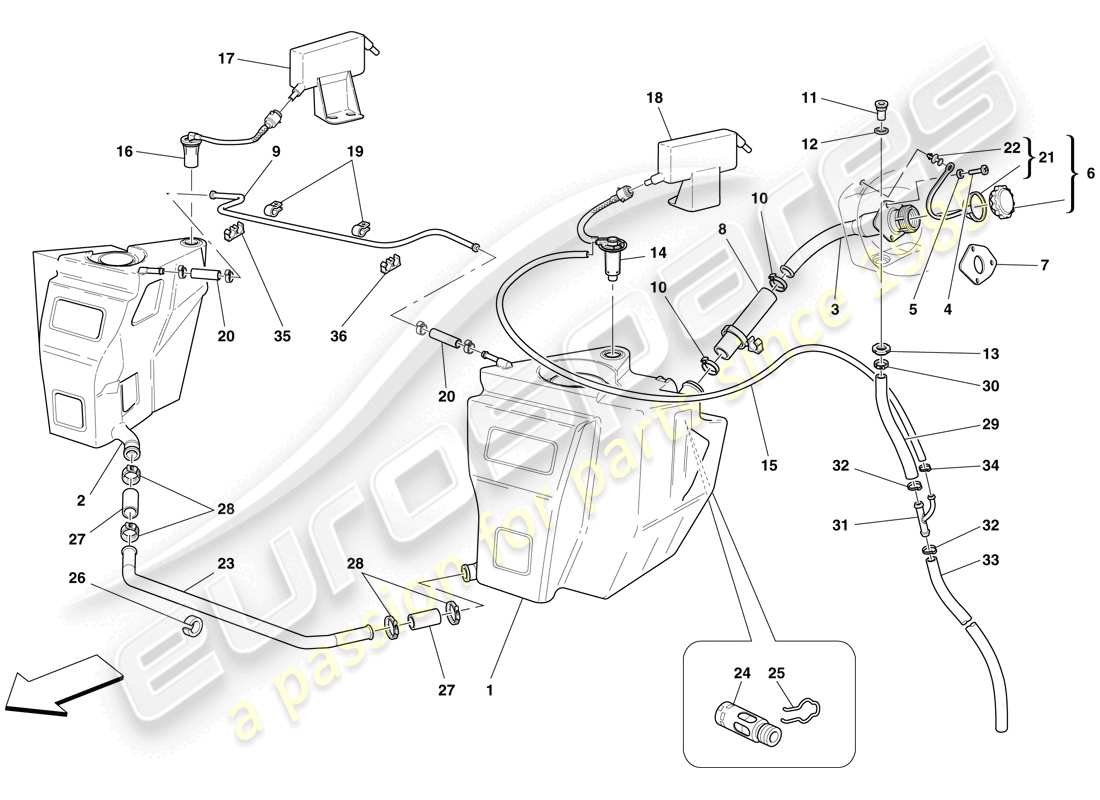 ferrari f430 scuderia (europe) kraftstofftank und einfüllstutzen teilediagramm