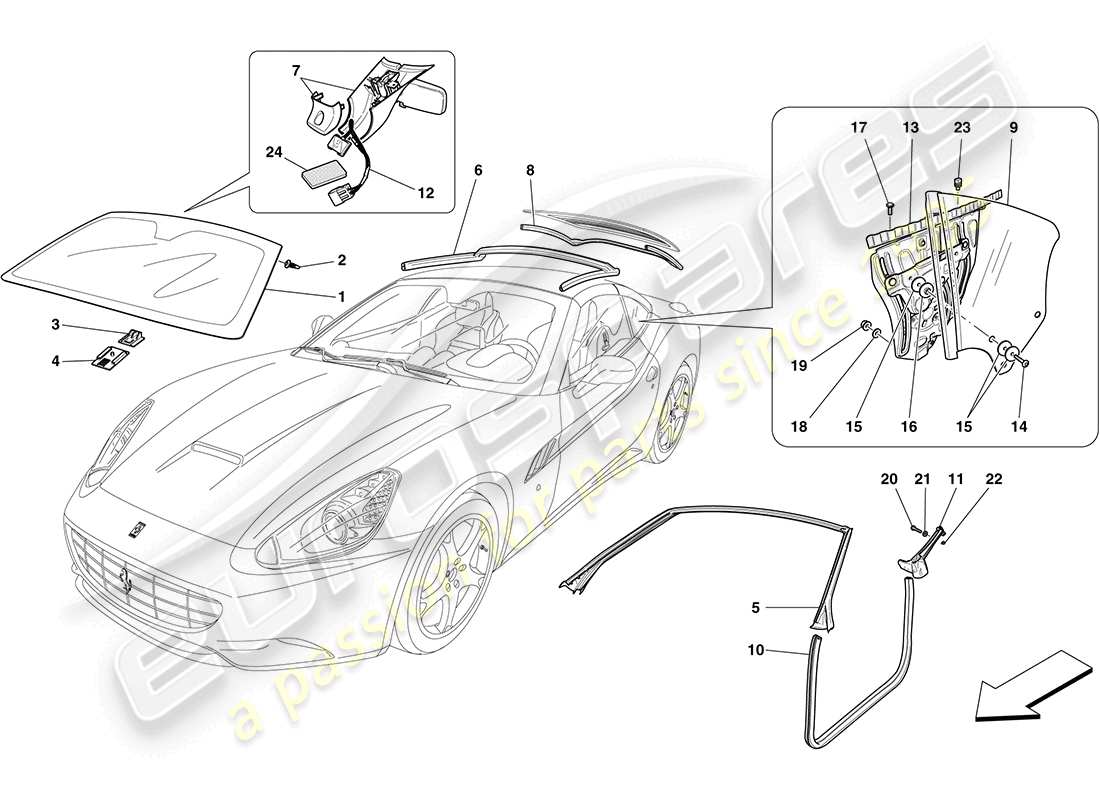 ferrari california (europe) bildschirme, fenster und dichtungen teilediagramm