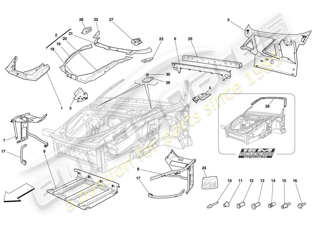 ferrari f430 scuderia (rhd) chassis - komplette frontstruktur und paneele ersatzteildiagramm