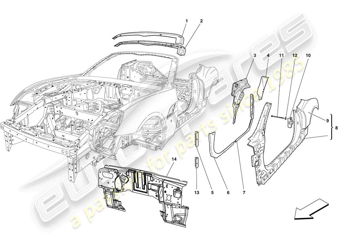 ferrari california (europe) mittlere karosserie und aussenverkleidung teilediagramm