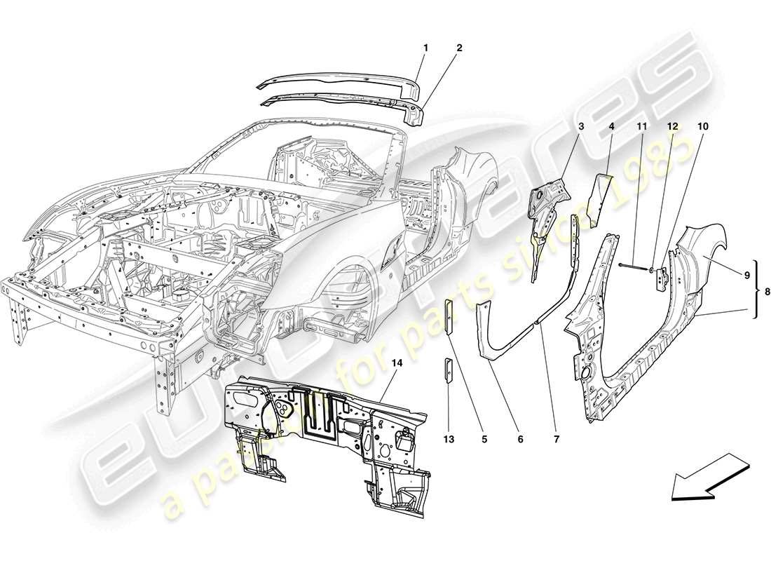 ferrari california (europe) mittelkarosserie und außenverkleidung teilediagramm