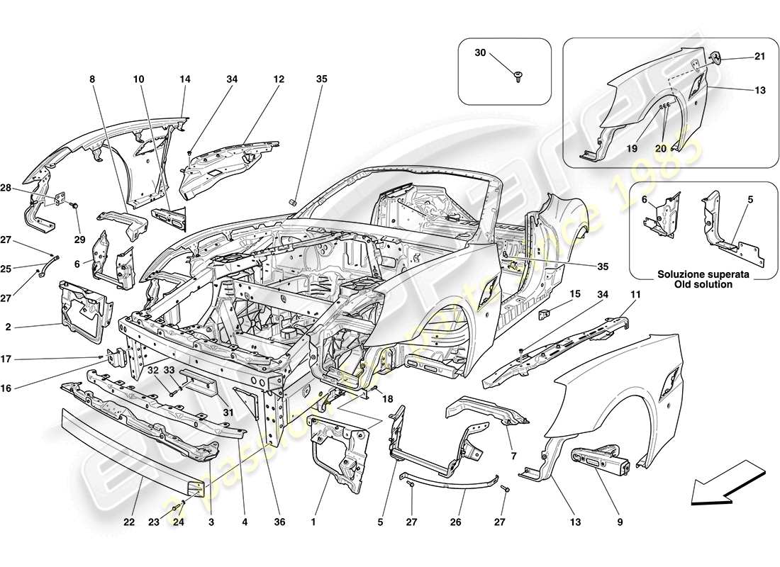ferrari california (europe) karosserie und aussenverkleidung vorne teilediagramm