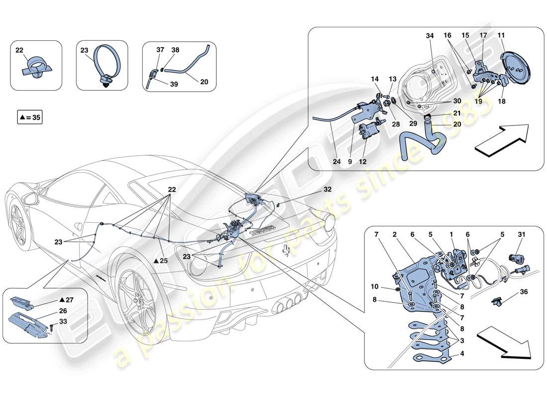 ferrari 458 italia (rhd) öffnungsmechanismen für motorraumdeckel und tankklappe teilediagramm