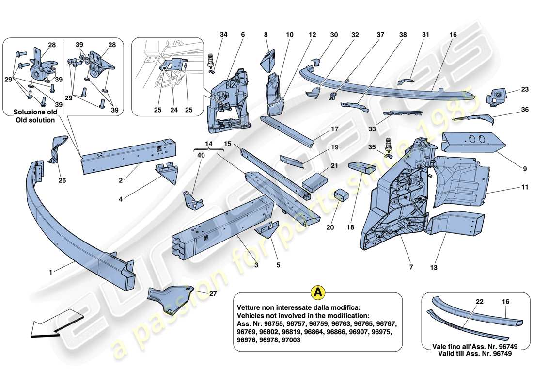 ferrari 458 italia (usa) fahrgestell - struktur, frontelemente und platten ersatzteildiagramm
