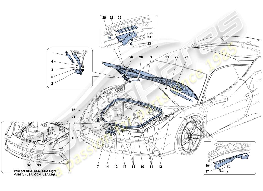 ferrari 488 gtb (rhd) vorderer deckel und öffnungsmechanismus teilediagramm