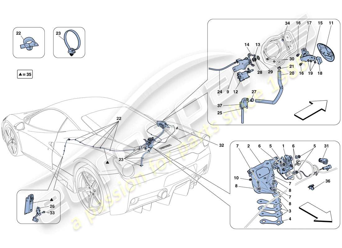 ferrari 458 speciale (usa) öffnungsmechanismen für motorraumdeckel und tankklappe teilediagramm