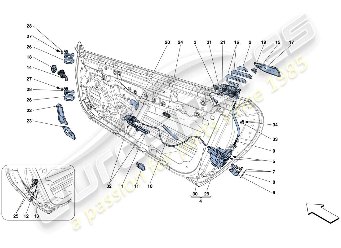 ferrari gtc4 lusso (rhd) türen – öffnungsmechanismen und scharniere teilediagramm