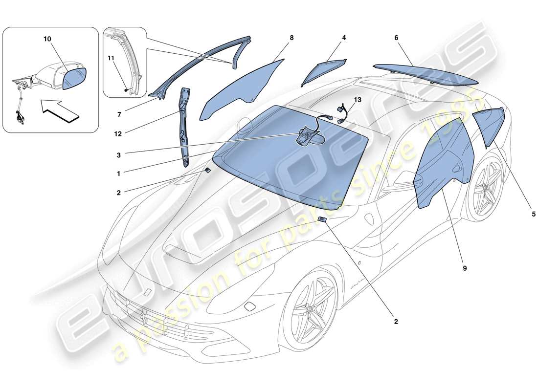 ferrari f12 berlinetta (rhd) bildschirme, fenster und dichtungen ersatzteildiagramm