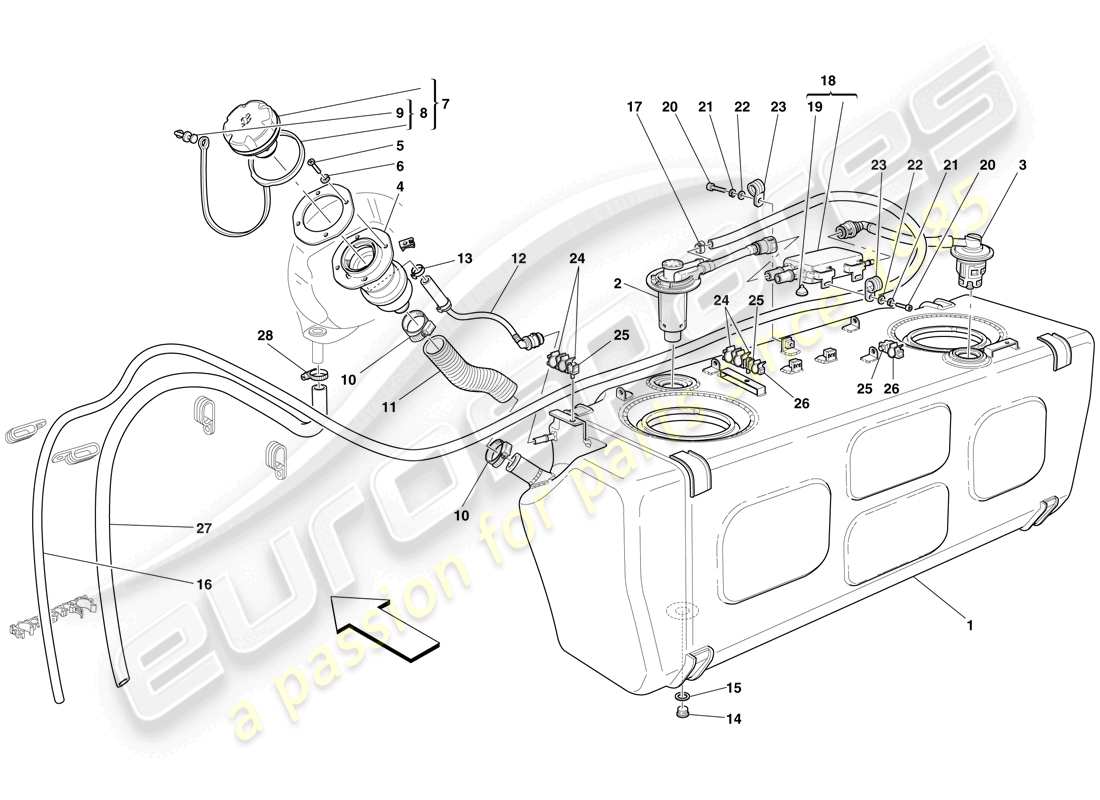 ferrari 612 sessanta (usa) kraftstofftank – einfüllhals und rohre teilediagramm