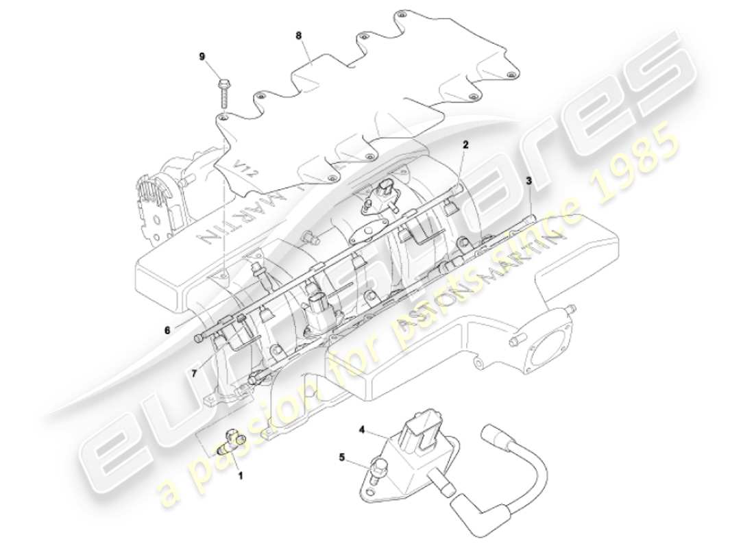 aston martin vanquish (2001) teilediagramm für kraftstoffverteilerrohre und einspritzdüsen