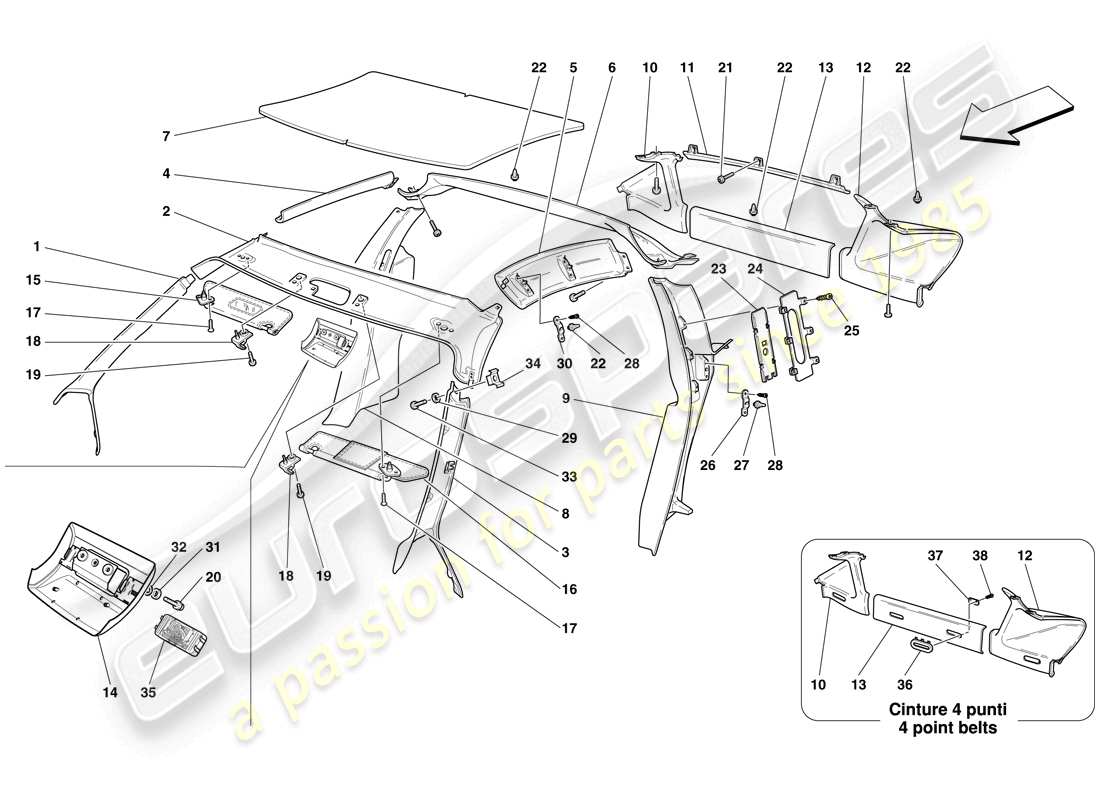 ferrari f430 scuderia (rhd) dachhimmelverkleidung und zubehör teilediagramm