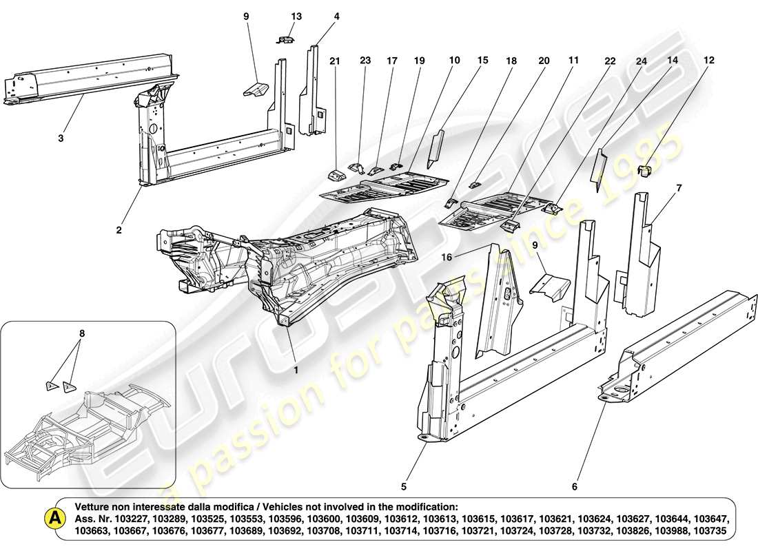 ferrari california (europe) mittelstrukturen und chassis-kastenabschnitte teilediagramm
