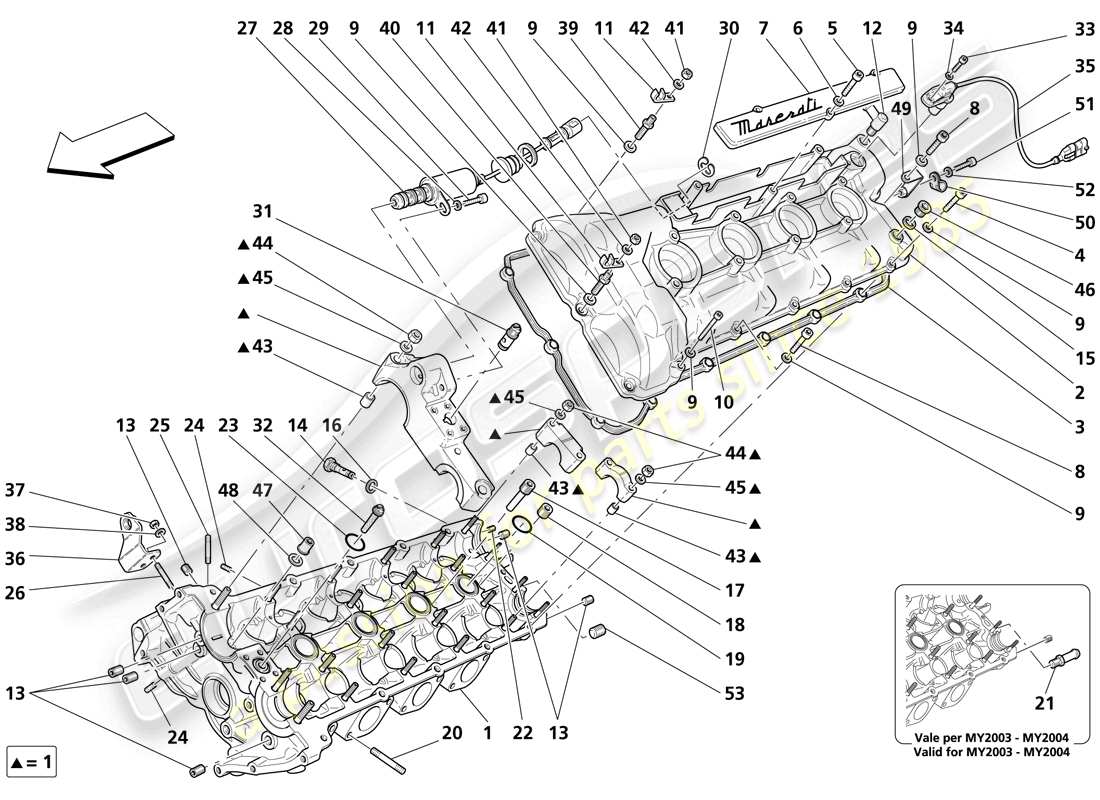 maserati trofeo teilediagramm für linken zylinderkopf