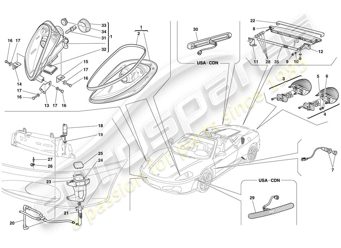 ferrari f430 spider (usa) scheinwerfer und rücklichter ersatzteildiagramm