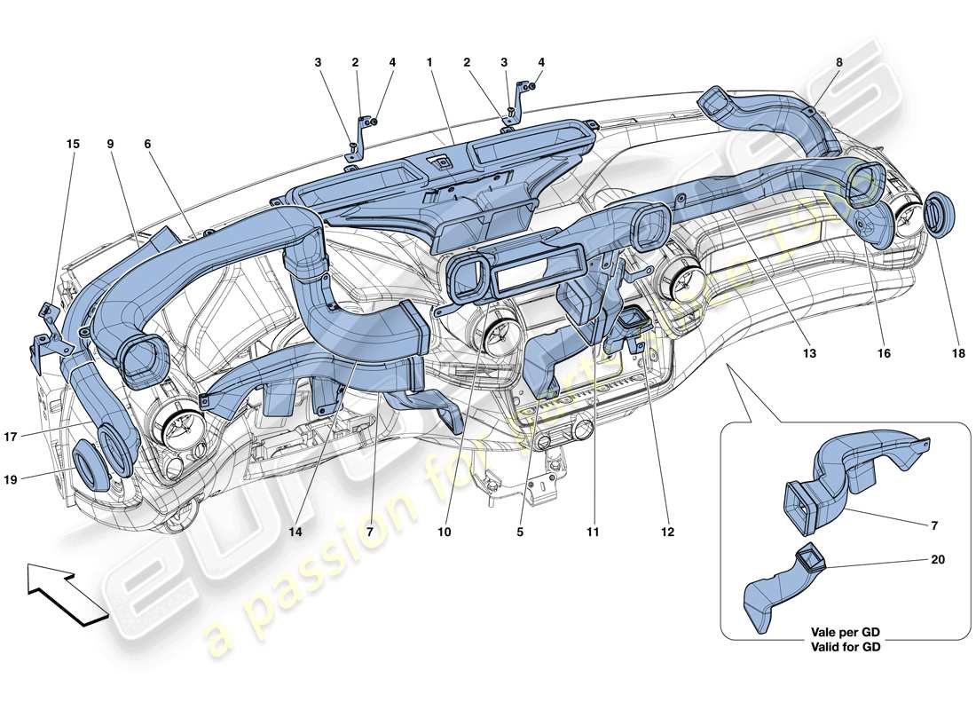 ferrari gtc4 lusso (usa) armaturenbrett-luftkanäle ersatzteildiagramm