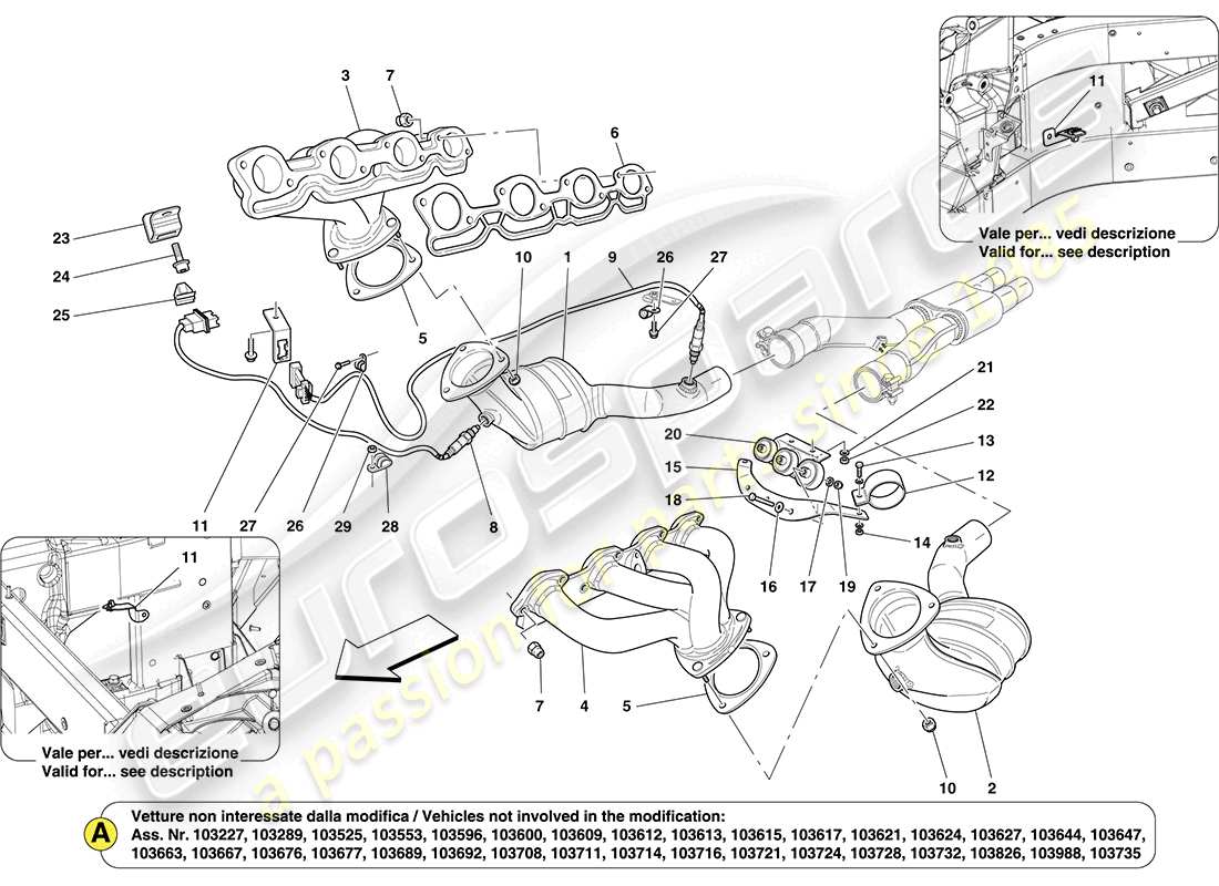 ferrari california (europe) vorkatalytische konverter und katalytische konverter teilediagramm