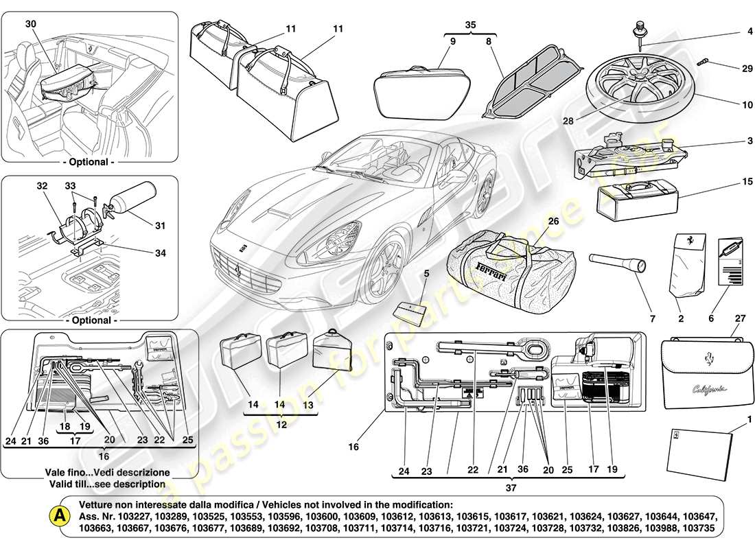 ferrari california (europe) standardzubehör teilediagramm