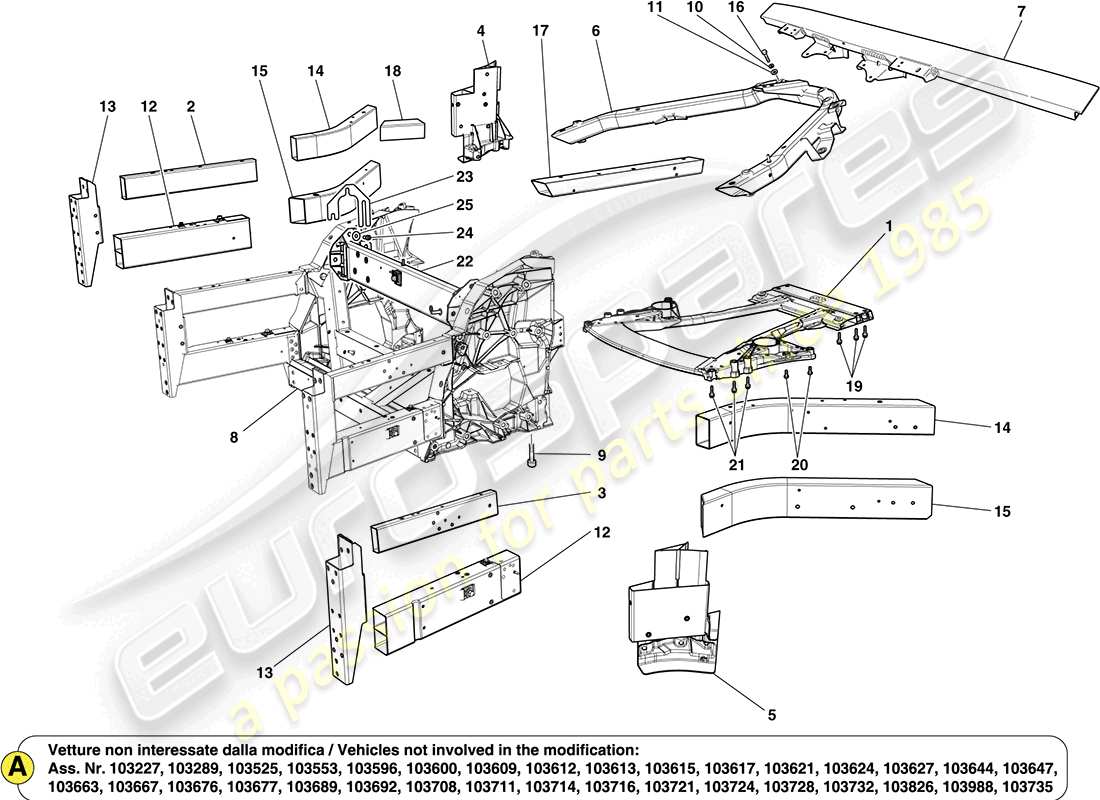 ferrari california (europe) frontstrukturen und chassis-kastenabschnitte teilediagramm