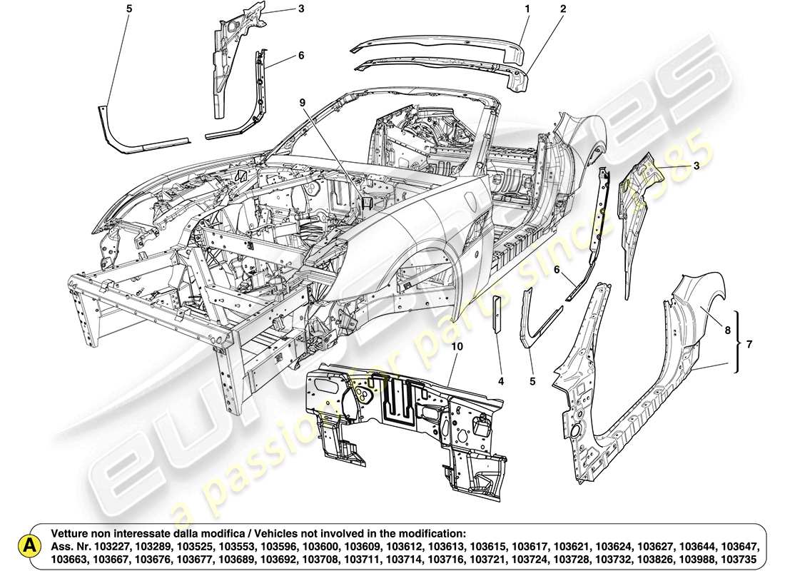 ferrari california (europe) mittelkarosserie und außenverkleidung teilediagramm