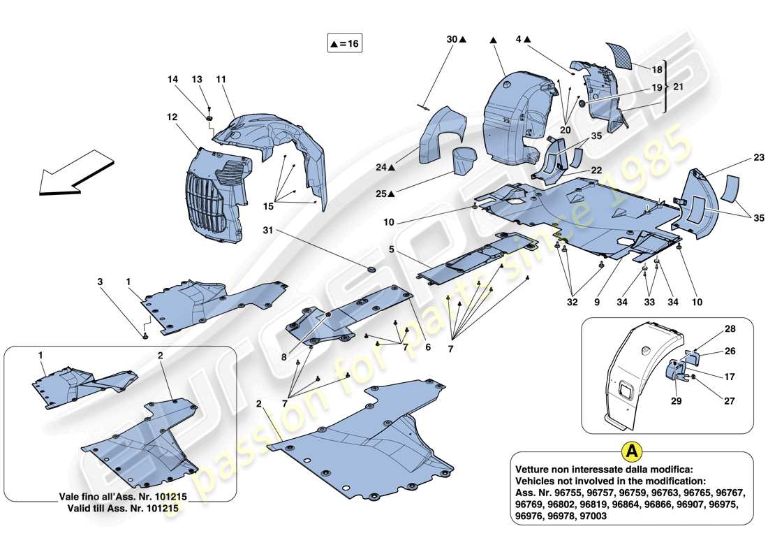 ferrari 458 italia (rhd) flacher unterboden und radhäuser teilediagramm