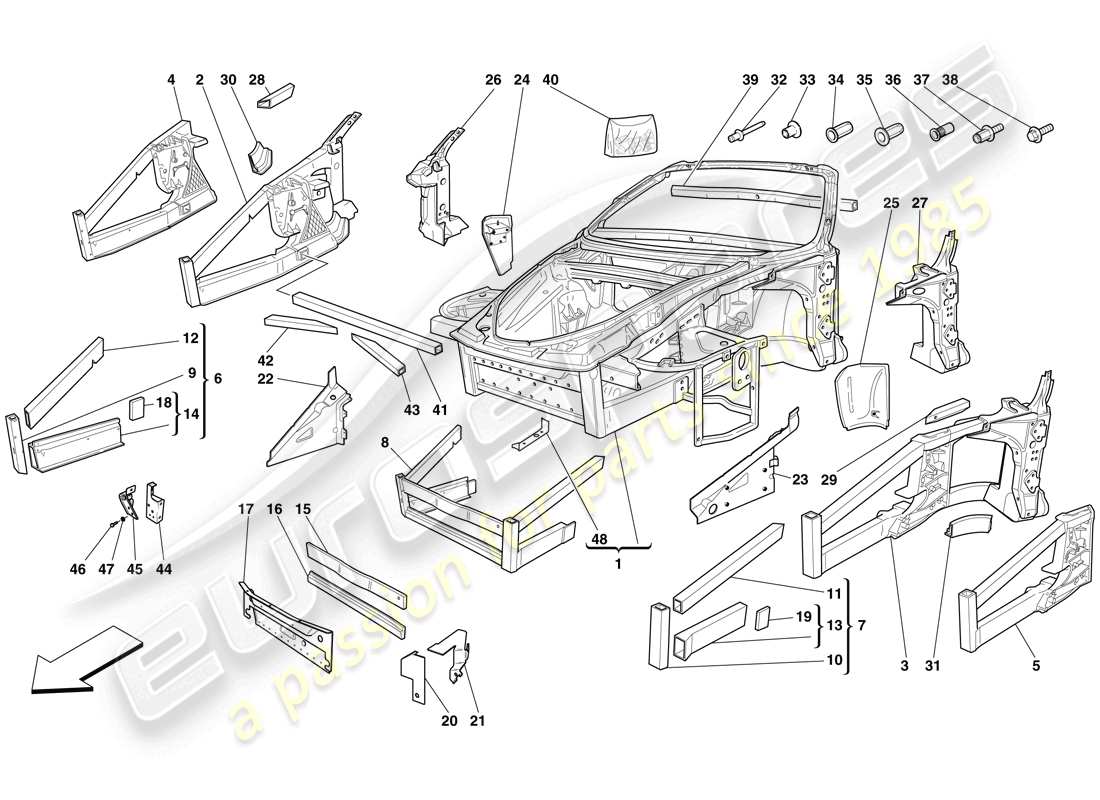 ferrari f430 spider (usa) fahrgestell - struktur, frontelemente und platten ersatzteildiagramm