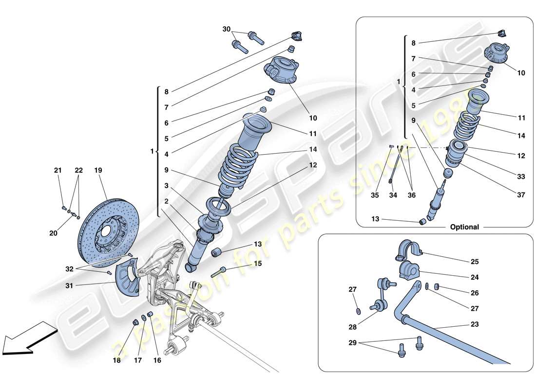 ferrari 458 italia (rhd) vorderradaufhängung - teilediagramm stoßdämpfer und bremsscheibe