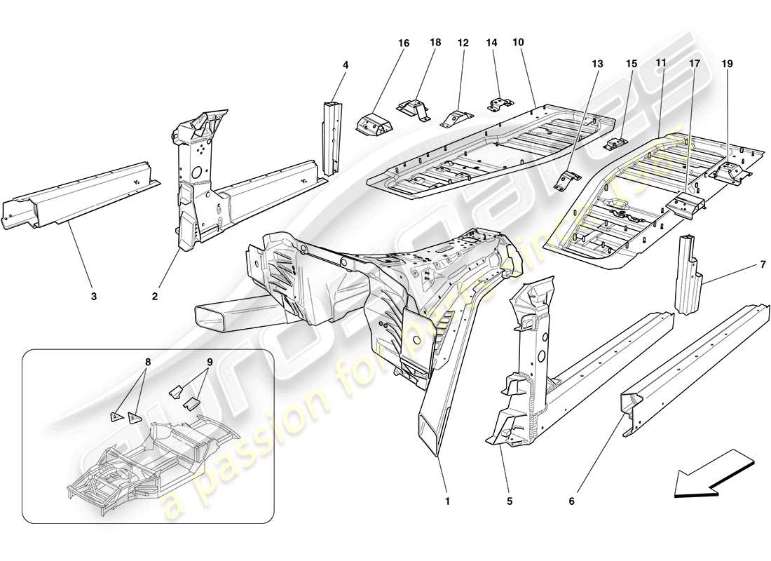 ferrari california (europe) mittelstrukturen und chassis-kastenabschnitte teilediagramm