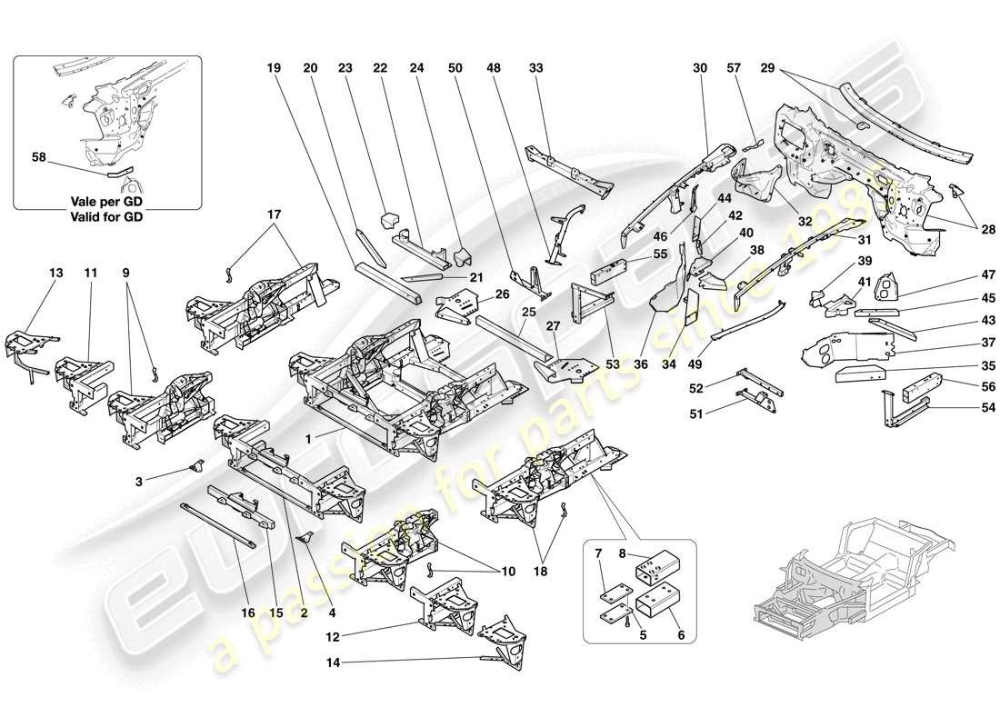 ferrari 612 sessanta (europe) strukturen und elemente, fahrzeugvorderseite teilediagramm