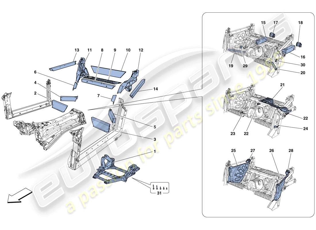 ferrari gtc4 lusso (rhd) strukturen und elemente, fahrzeughinterteil teilediagramm