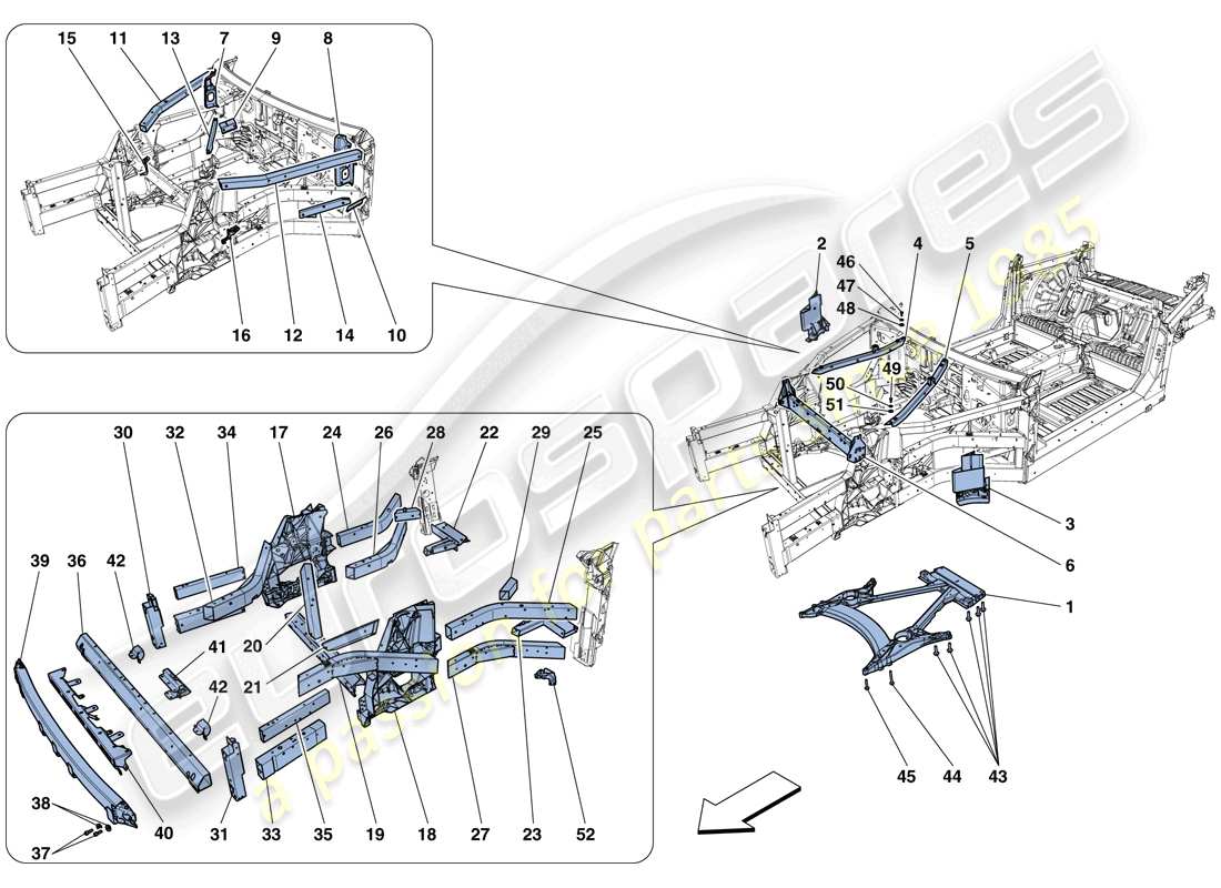 ferrari gtc4 lusso t (rhd) strukturen und elemente, fahrzeugvorderseite teilediagramm