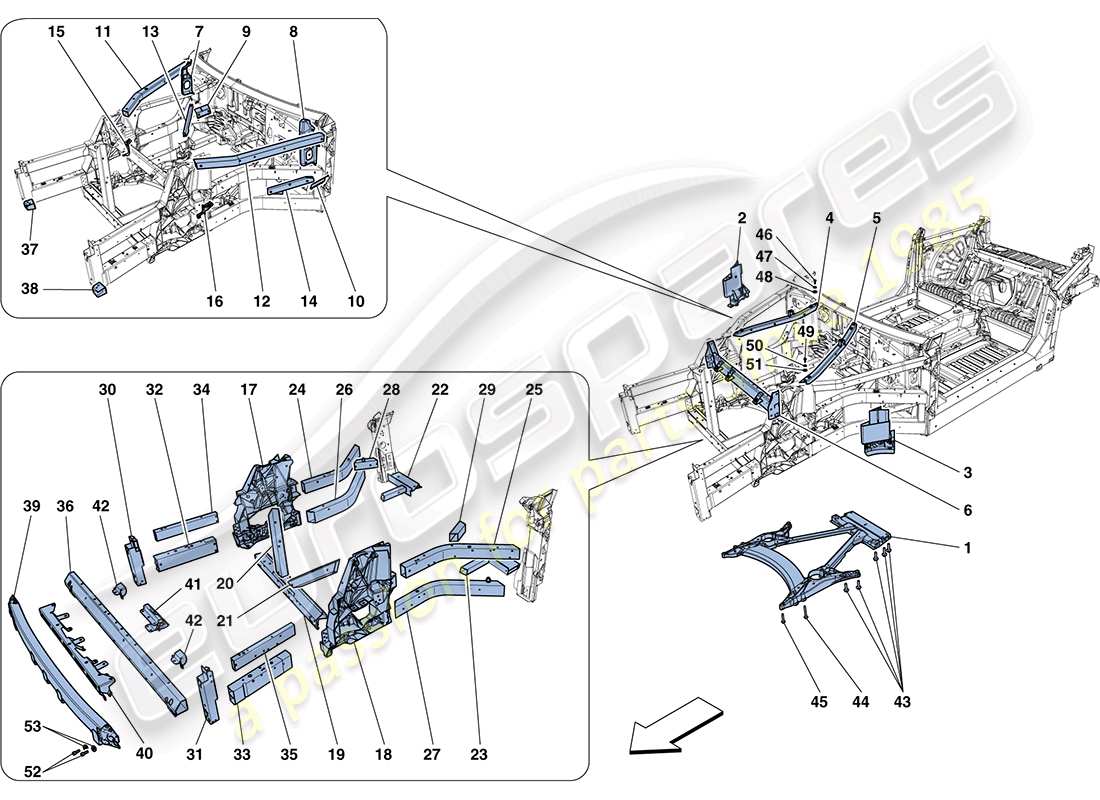 ferrari ff (rhd) strukturen und elemente, fahrzeugvorderseite teilediagramm