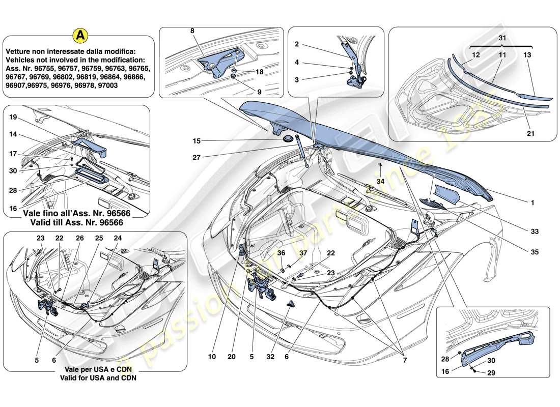 ferrari 458 italia (rhd) vorderer deckel und öffnungsmechanismus teilediagramm