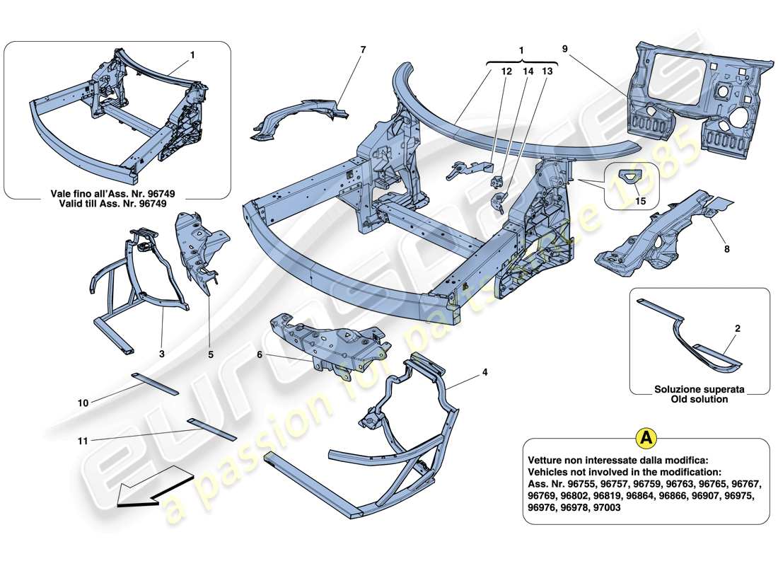 ferrari 458 italia (rhd) fahrgestell – komplette frontstruktur und paneele teilediagramm