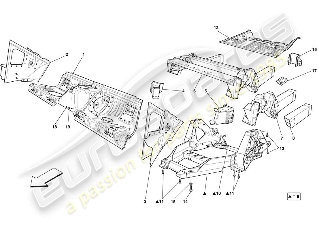 ferrari california (europe) heckstrukturen und chassis-kastenabschnitte teilediagramm