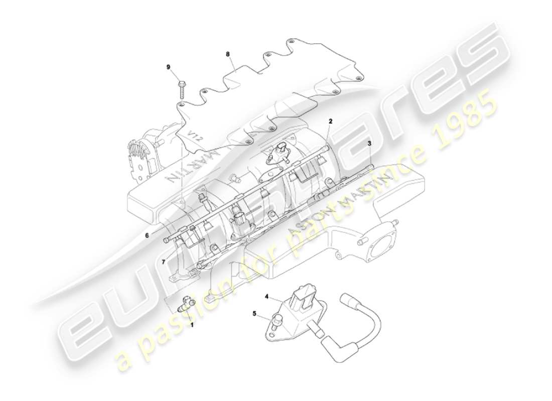 aston martin vanquish (2003) teilediagramm für kraftstoffverteilerrohre und einspritzdüsen