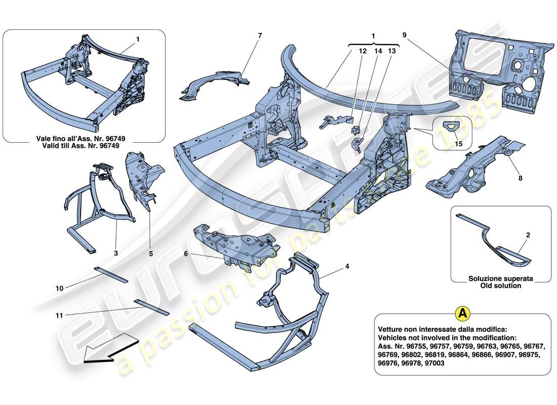 ferrari 458 italia (usa) chassis - komplette frontstruktur und paneele ersatzteildiagramm