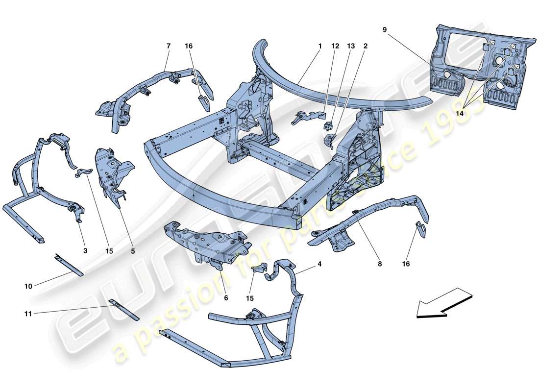 ferrari 458 speciale aperta (europe) chassis - komplette frontstruktur und paneele ersatzteildiagramm
