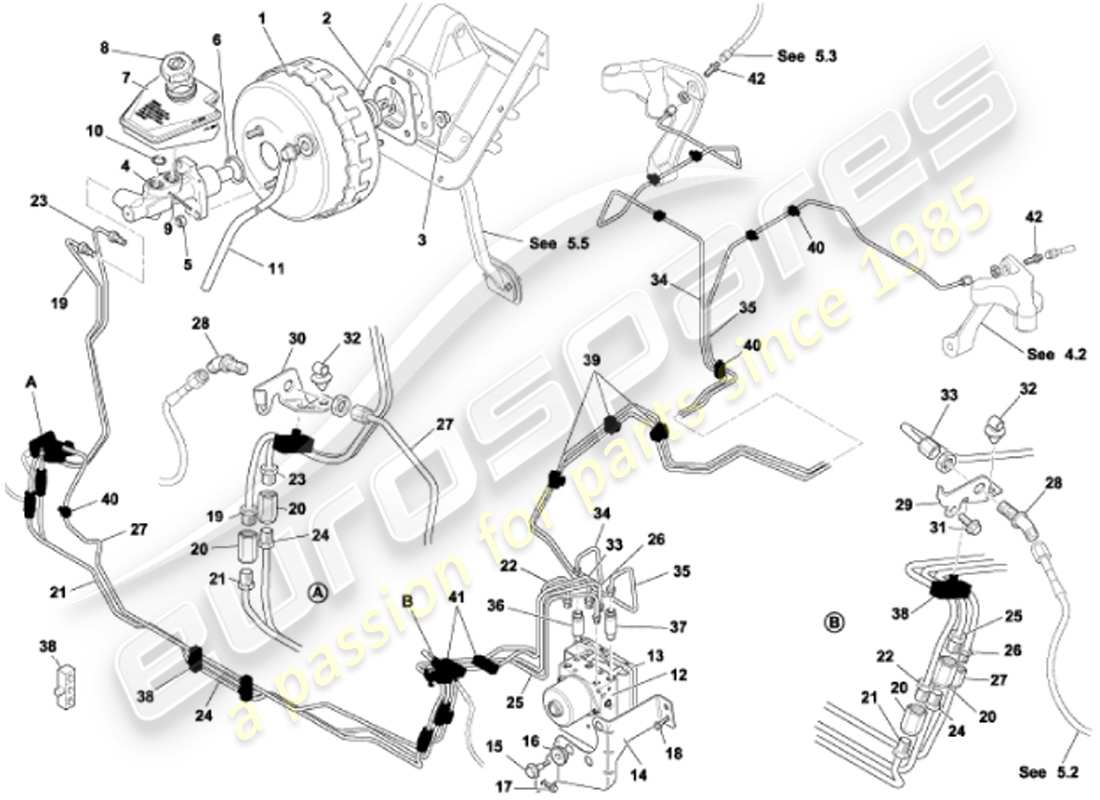 aston martin vanquish (2001) teilediagramm für bremskraftverstärker und -modulator