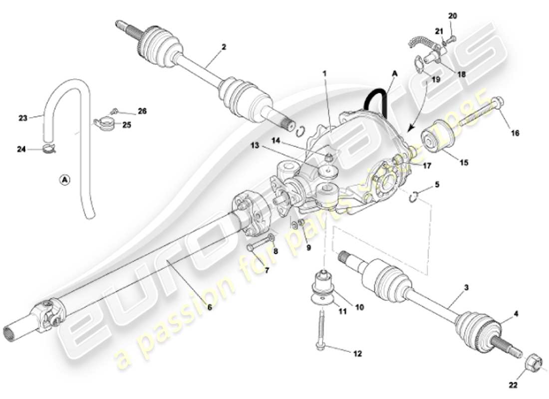 aston martin vanquish (2001) teilediagramm für differentialbaugruppe, antrieb und gelenkwellen